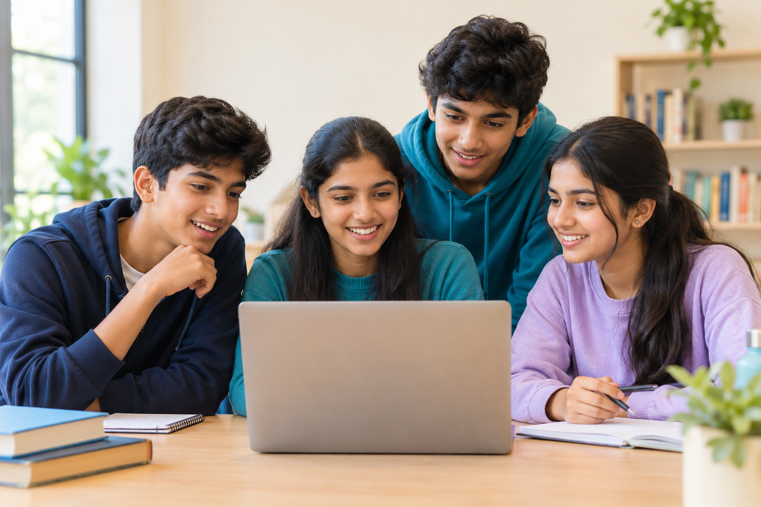 Four students exploring ideas together around a laptop